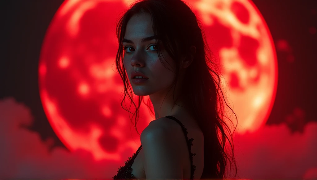 One girl, Beautiful Face, ((White eyes)), Sexy pose, Red moon in the background, performer, space, (Lightroom:1.13), Soft Light, (Natural skin texture:1.2), (Hyperrealism:1.2), Sharp focus, Concentrated,[[Realistic]]