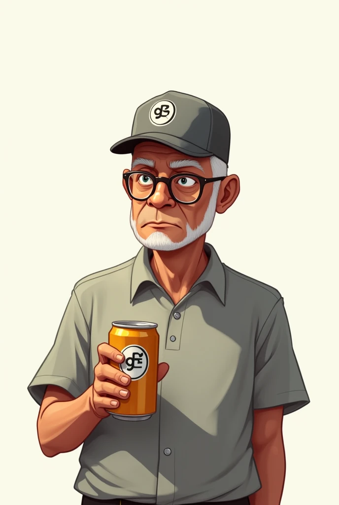 a 60-year-old bald man with brown skin wearing round glasses and a plain cap with the RG logo on a white background and him in front in a cartoon without a beard, serious and holding a can of beer, 
