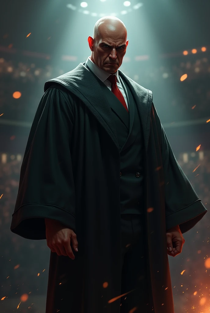 create an image of a bald judge from the judiciary standing on the sideline as if he were going to start a fight as if it were in a fighting game