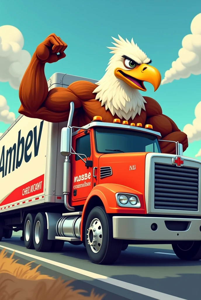 Generate a cartoonish image of a muscular eagle driving an AmBev truck with its arm out the window showing its muscles, the trailer must be fully visible!