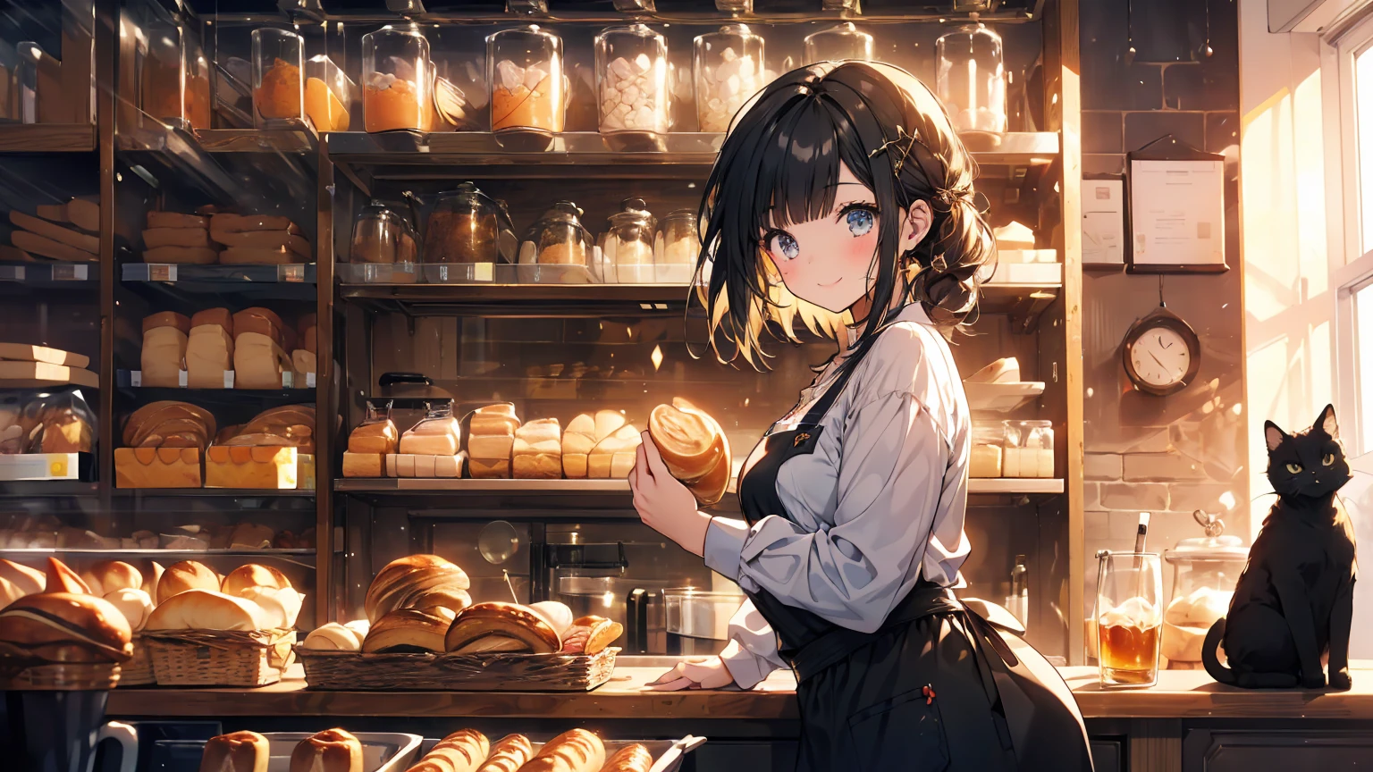 A young girl works at a bakery..A black cat is curled up asleep on the bakery counter..Her dazzling smile, like the sun, brings happiness to customers..