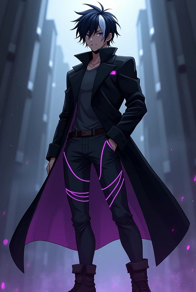 Sexy black skin anime boy character Black hair with a white stripe on it, wearing a long black jacket and wearing a long, dark gray pants with glowing purple stripes on it and wearing boots