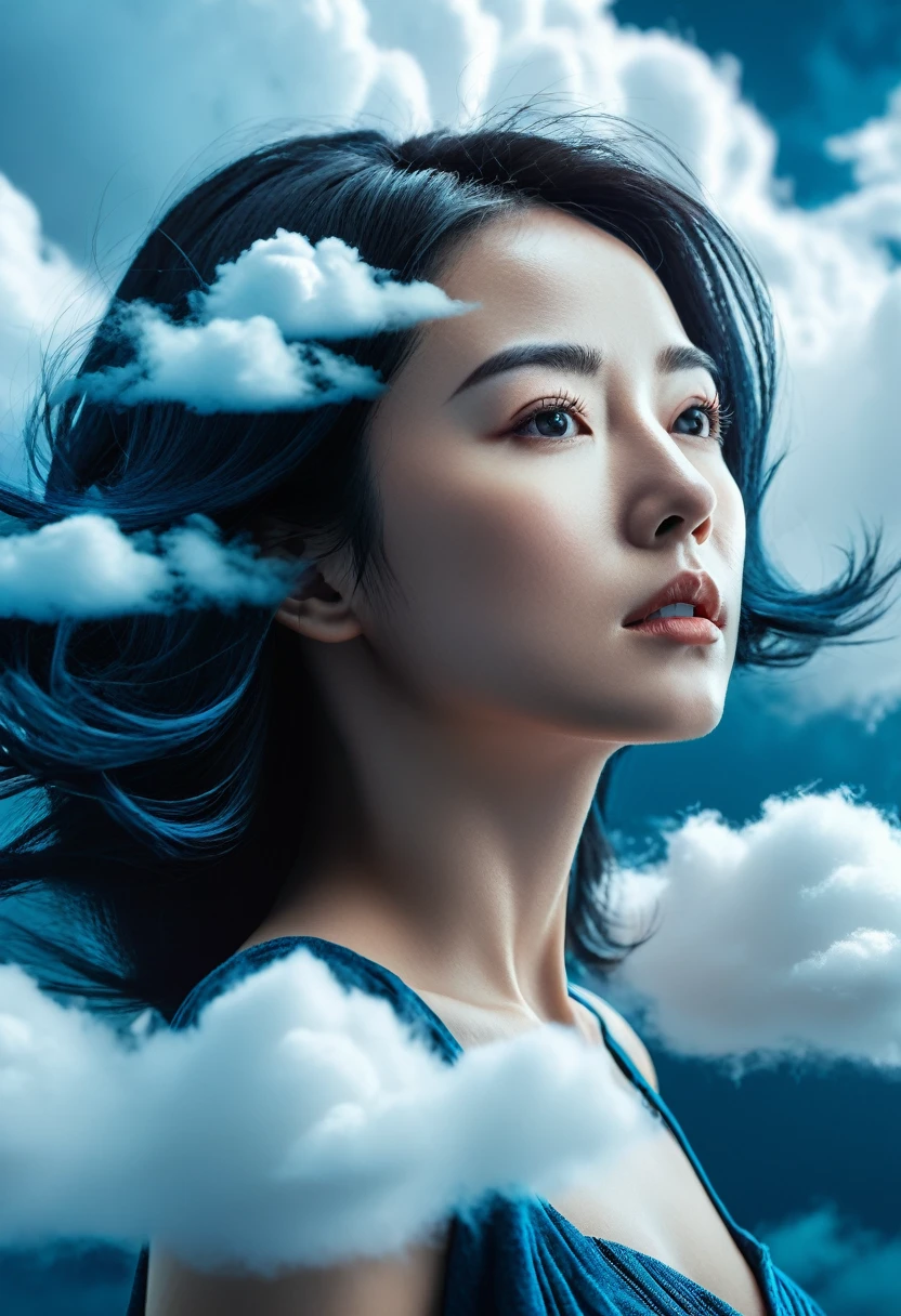 high quality, 8K Ultra HD, Surreal portrait of a stunning woman.
Photo illustration of the world in the clouds, Dark indigo and light cyan, Incomprehensible sculpture, Practical, 32k UHD resolution, high quality, Professional photography, closure, Realism and the touch of emotion: Inoue&#39;s works show meticulous attention to detail, characters to life with Practical proportions and anatomical accuracy, Simply pursuing realism; instead, Art with emotional depth, Capture the essence of the character through their expressions and movements.Intricate details, Very detailed,