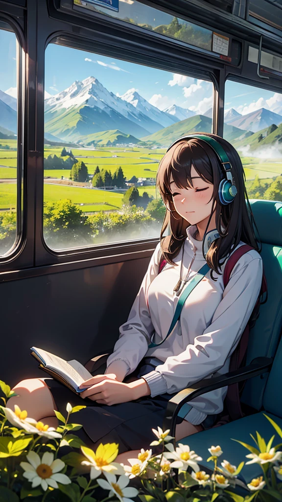 woman on bus traveling through mountains with headphones and eyes closed listening to music sitting next to large window with beautiful landscapes in the background of green mountains and flower field