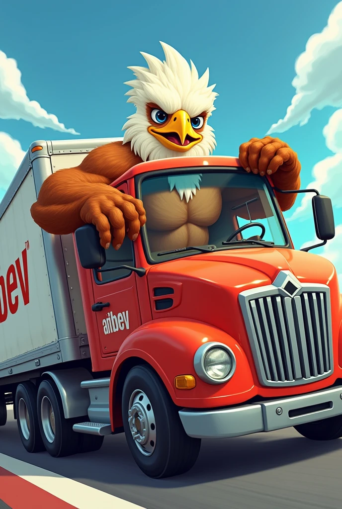 Generate a cartoonish image of a muscular eagle driving an AmBev truck with its arm out the window showing its muscles, the trailer must be fully visible!