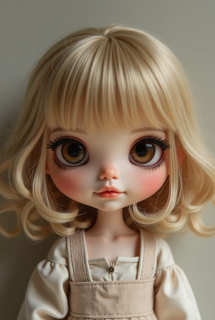 doll blythe, dark blonde hair, round nose challenge, small fleshy mouth, brown eyes half slanted round, large cilia, without bangs