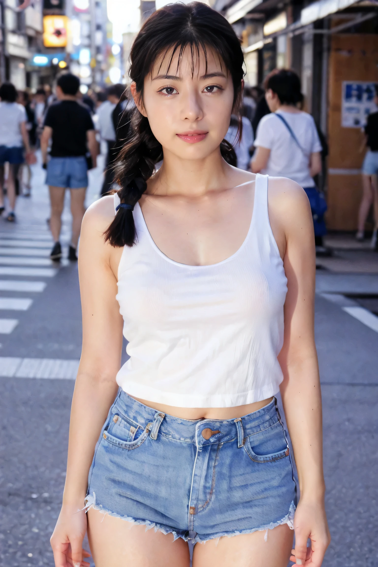 Very detailed CG Unity 8k wallpaper, Highest quality, Very detailed, masterpiece, Realistic, photo Realistic, Very detailedかわいい女の子,braid,(tanktop_denim shorts:1.2), Big Breasts、blush, Lips parted, View your viewers , upper body , (crowd), (On the streets of Tokyo) ,laugh out loud