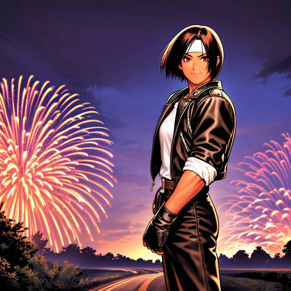 One person,Female,(night sky full of fireworks),fireworks background,short hair,black hair,best lighting,dark skin,red eyes,((black leather jacket with rolled up arms)),fingerless gloves,white T-shirt,((white headband)),black long pants,white shoes,brown belt,cute,fine background,charm points Japanese countryside,slightly bigger chest,outdoors,high quality,night,(confident smile),fun atmosphere