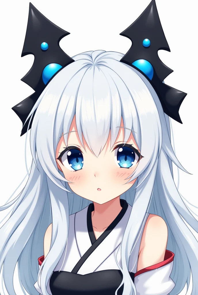 A Japanese anime style girl with long white hair,M-shaped bangs,She has a pair of blue eyes,There are only two black head ornaments on the top of her head that resemble upward arrows.,In the middle of each upward arrow there is a blue round bead dotted in the middle of the arrow,There was nothing on her head except two upward-cut hair ornaments.