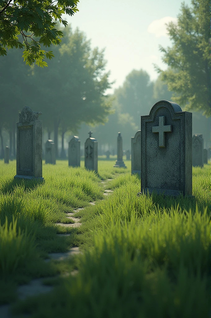 Images of cemeteries with tombstones on the ground with grass but without any crosses 