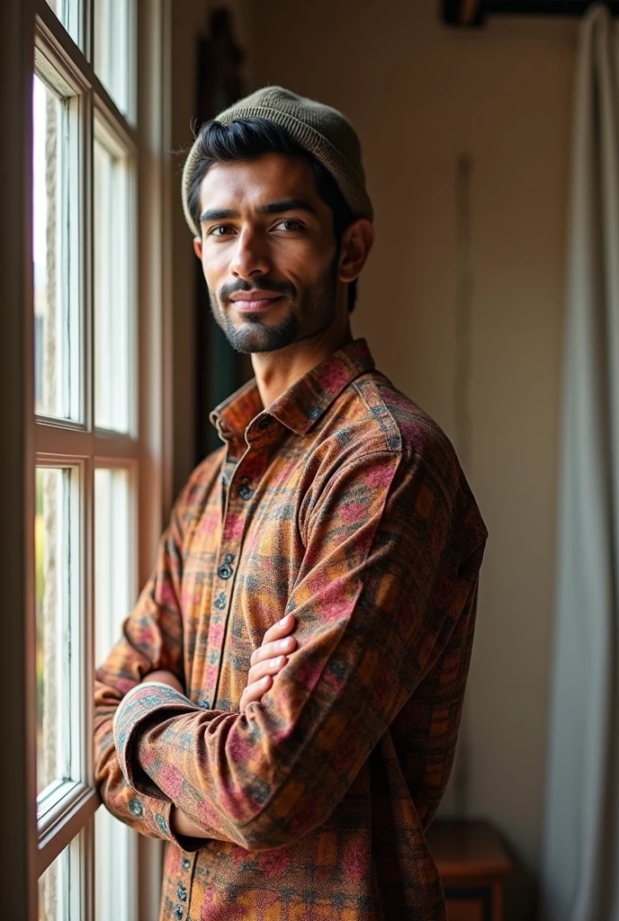 (photorealism:1.2), a hamdsome nepali man .standing near white upvc window.