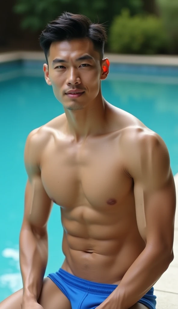 
 A handsome, cute Chinese man with a sharp and handsome face., smile a little, Good shape, Beautiful muscles, Wear blue underwear., The target is very bulging., background, swimming pool, Real picture, The details are very sharp. 