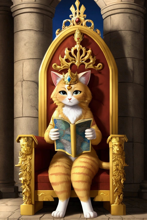 Princess cat with golden fur, sitting on a large throne, looking at a map of the kingdom with a worried expression.