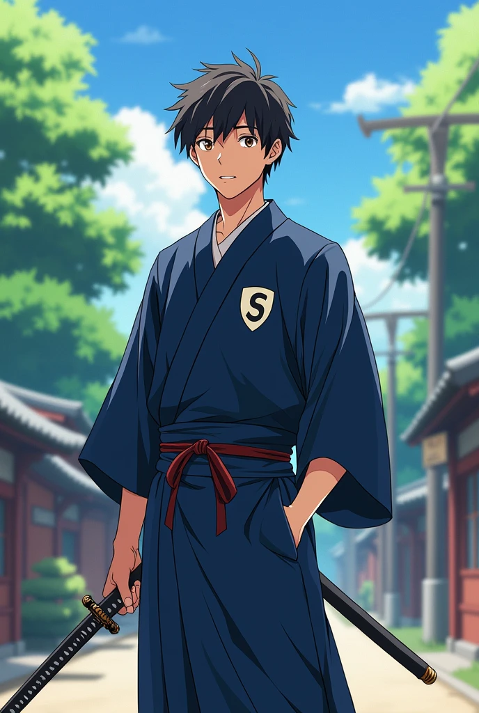 A young adult European man, around 2, short curly haired no beard on a road in japan feldal, wearing a navy blue kimono with a shield symbol on the left side of the chest of the garment with a "S" offwhite, carrying Samurai swords, with a brave expression, but nice.

all in anime style.