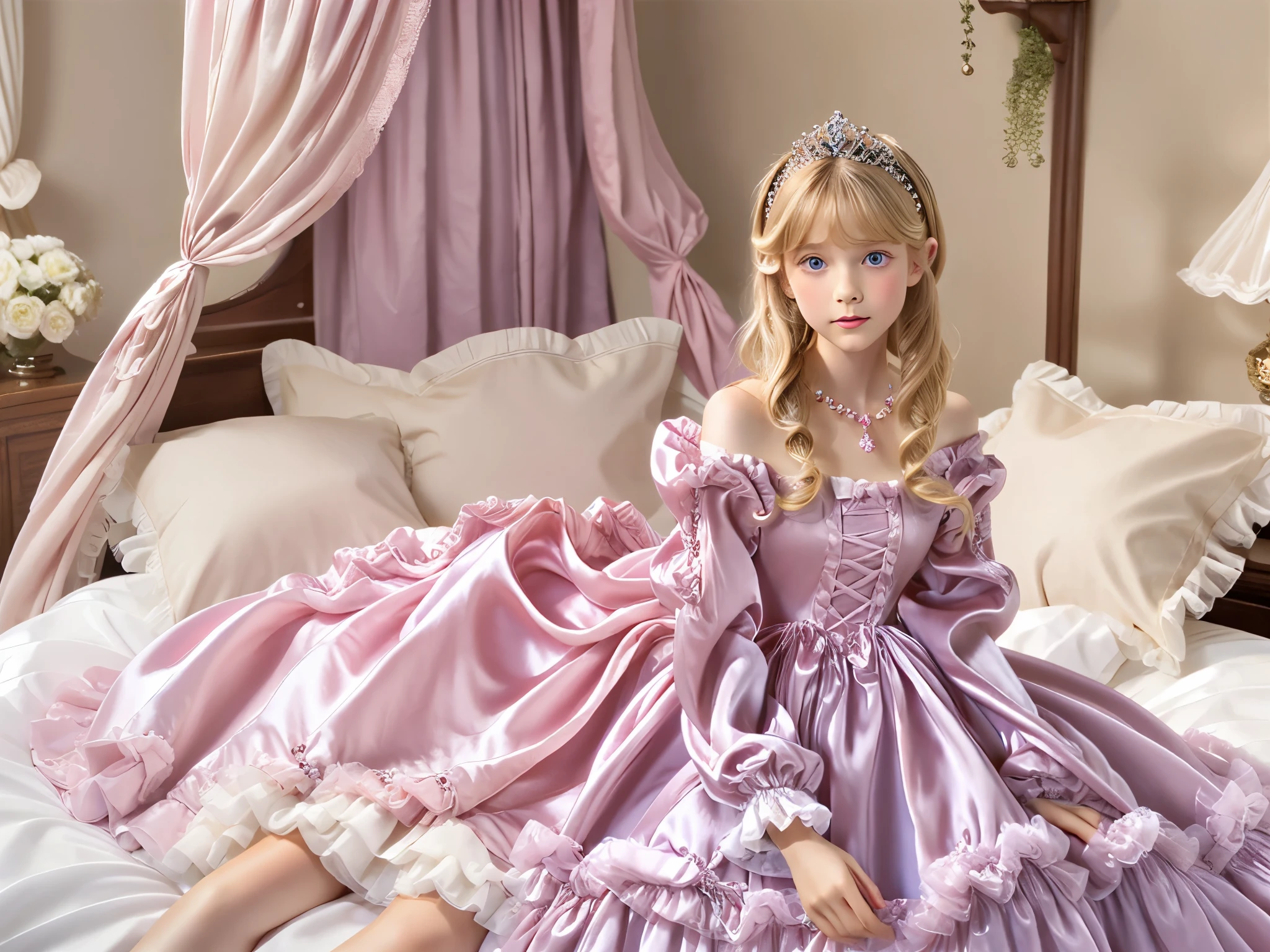 ,highest quality, masterpiece, highest resolution, artwork, 3k realistic pictures,((A short young girl))Ultra-detailed juvenile face,two are princesses,full length ball gown dress with hoop skirt,ruffled yoke collar,puff sleeves,long sleeve,((****ta style hot pink detailed princess satin dress with lots of ruffles and ribbons)),Rococo style ****ta fashion,shiny satin dress,Soft and smooth fabric,luxury,long blonde hair,blue eyes,white skin european,Pajama,((in the bedroom)),high quality silk satin pink princess canopy bed,slik satin frilled pillows,