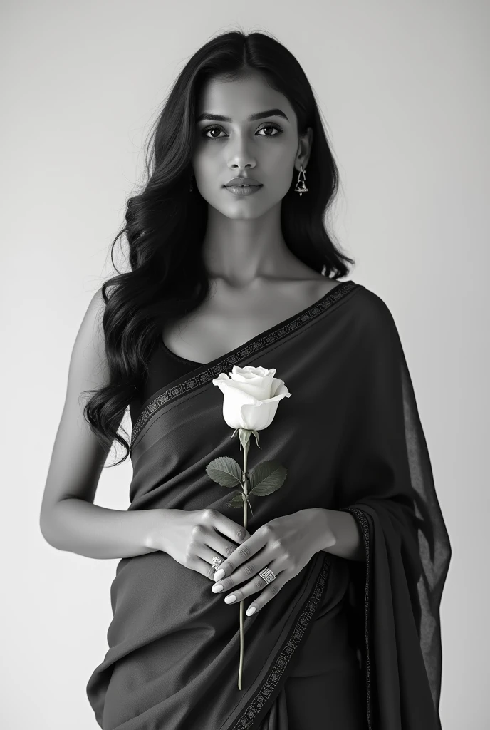 creat a photo of A young Indian woman in a sophisticated, black and white chanderi saree, draped elegantly around her figure. She is holding a single, white rose, adding a touch of classic femininity to the minimalist look.