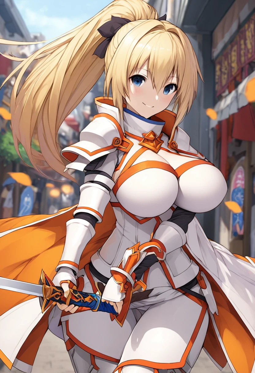 (sketch) 1.4, (official art) 1.4, (1girl:1.2), (solo:1.3), 22yo, blue eyes, (masterpiece) 1.3, (an extremely delicate and beautiful art) 1.3, (active angle), (dynamic pose), realistic lighting and shading, (huge breasts:1.5), (wide hips:1.5), (blonde hair and KonoSuba's Darkness's ponytail hair:1.6), (smile:1.1), (KonoSuba Darkness's orange Crusader fashion and Crusader white armor:1.8), (holding a double-handed sword:1.3), (KonoSuba's Darkness:1.4), Osu Shopping Street