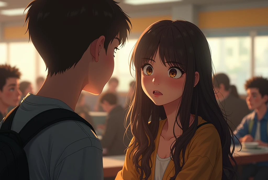 Long hair, 1 girl, looking at a boy through a bus window now that the two meet in a school cafeteria