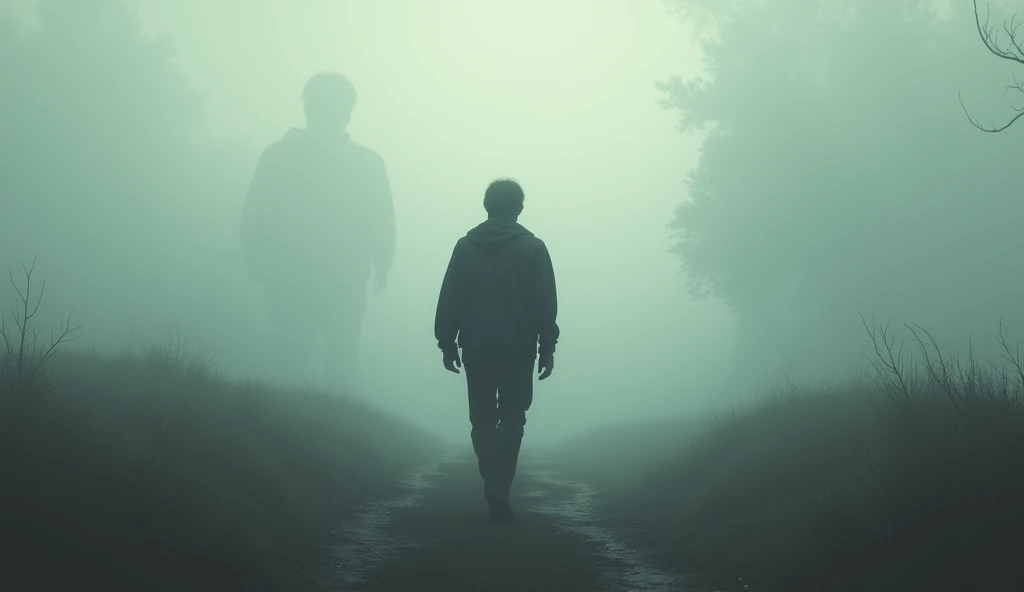 Create a realistic image where : A memory scene showing voices or faces in a fog shouting “You can’t,” while the man , with their back turned, is marching forward with determination.