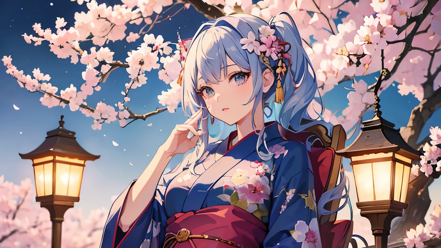 masterpiece,highest quality,(((Super Detailed Woman1))),Super detailed face,Super detailed eye,yukata,Sitting,day time,Fantasy,Calm,nebula,8k High resolution,(((桜))),vibrant colors