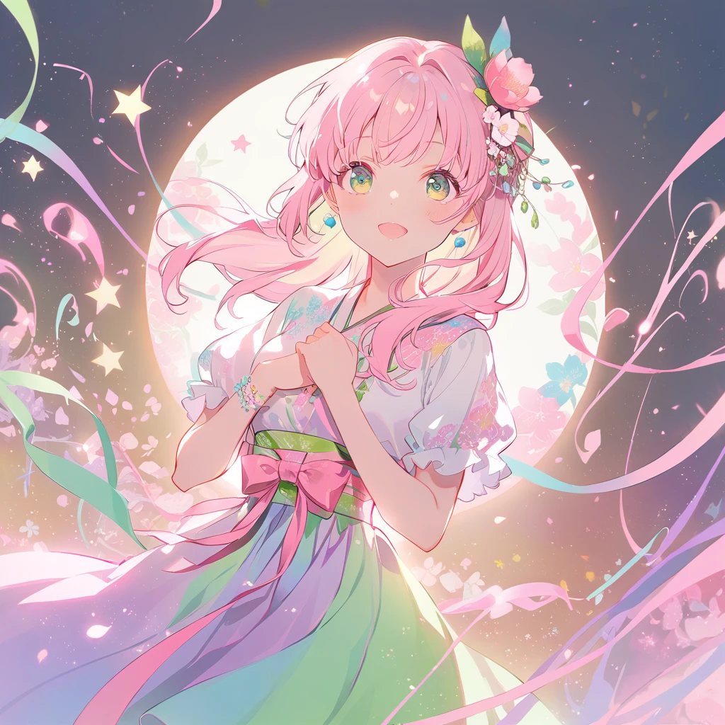 A low-angle view shows a girl wearing a dress adorned with pastel-colored lace and ribbons, embodying the aesthetics of Japanese anime in Kyoto Animation style. The background features soft tones of light pink, yellow-green, blue, and white, creating a dreamy atmosphere. Her face radiates cuteness, complemented by cute accessories like ribbons on both sides of her chest, shining hearts, and stars. The room’s background is decorated with cute wallpaper.