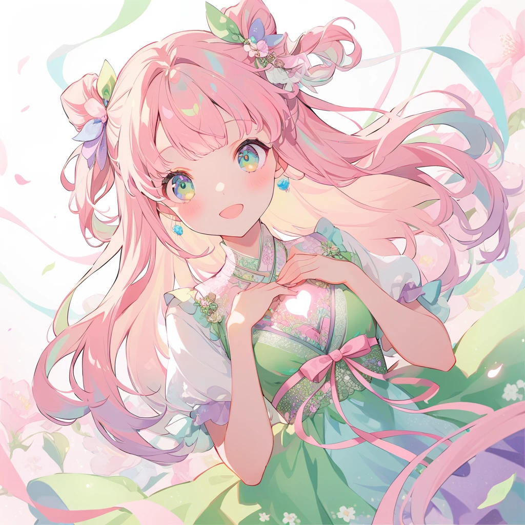 A low-angle view shows a girl wearing a dress adorned with pastel-colored lace and ribbons, embodying the aesthetics of Japanese anime in Kyoto Animation style. The background features soft tones of light pink, yellow-green, blue, and white, creating a dreamy atmosphere. Her face radiates cuteness, complemented by cute accessories like ribbons on both sides of her chest, shining hearts, and stars. The room’s background is decorated with cute wallpaper.