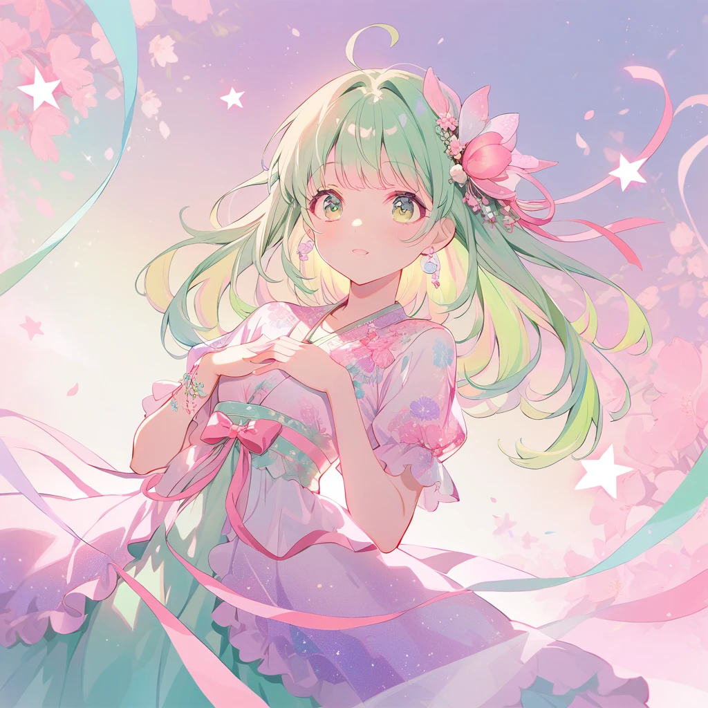 A low-angle view shows a girl wearing a dress adorned with pastel-colored lace and ribbons, embodying the aesthetics of Japanese anime in Kyoto Animation style. The background features soft tones of light pink, yellow-green, blue, and white, creating a dreamy atmosphere. Her face radiates cuteness, complemented by cute accessories like ribbons on both sides of her chest, shining hearts, and stars. The room’s background is decorated with cute wallpaper.