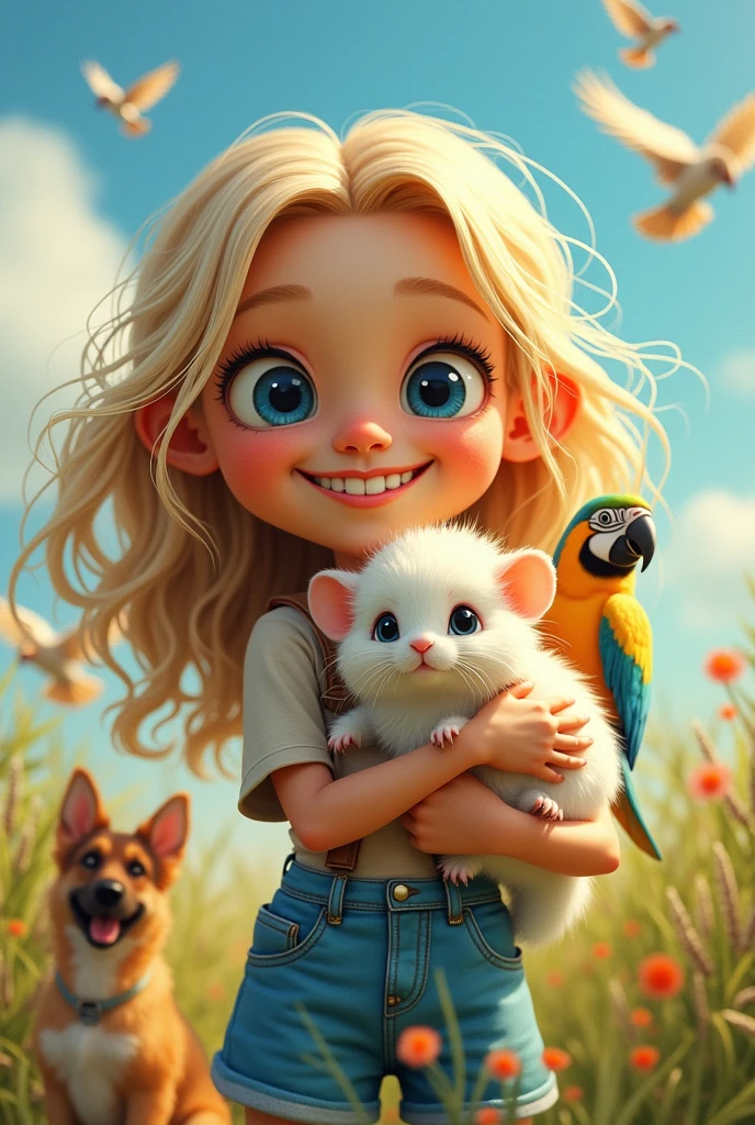 a girl with blue eyes and long, wavy, somewhat messy blonde hair, dressed casually in blue galoshes, with a parrot on her shoulder and holding a baby chinchilla in her arms, a dog on the ground and birds flying, in a field-like vegetation with a sunny sky., streaked hair, bangs, curly hair, messy hair, parted bangs, asymmetrical bangs, big hair, cheek-to-cheek, grin, Eye-Level Shot