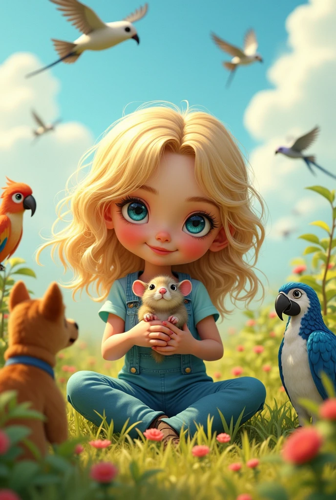 a girl with blue eyes and long, wavy, somewhat messy blonde hair, dressed casually in blue galoshes, with a parrot on her shoulder and holding a baby chinchilla in her arms, a dog on the ground and birds flying, in a field-like vegetation with a sunny sky., streaked hair, bangs, curly hair, messy hair, parted bangs, asymmetrical bangs, big hair, cheek-to-cheek, grin, Eye-Level Shot