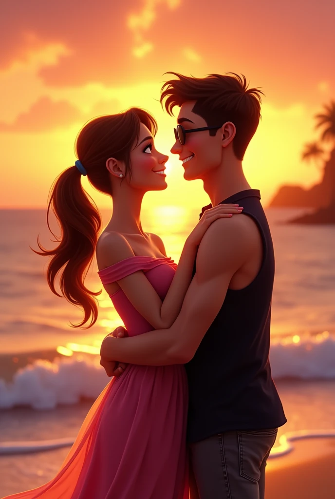 disney pixar poster
two couple, watching sunset in the beach. The girl is in pony tail, wearing pink off shoulder dress, while the guy is wearing BLACK SLEEVELESS shirt and wearing sun glasses while holding the girl