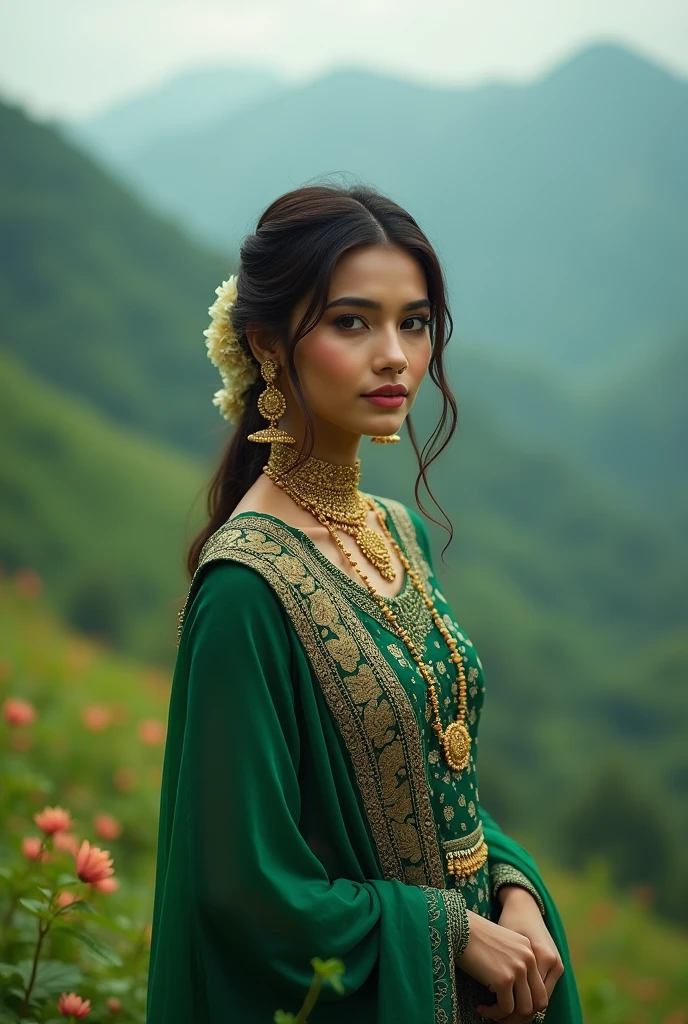 Hot and Beautiful Figured South Asian lady portrait wearing suit salwar in green mountains