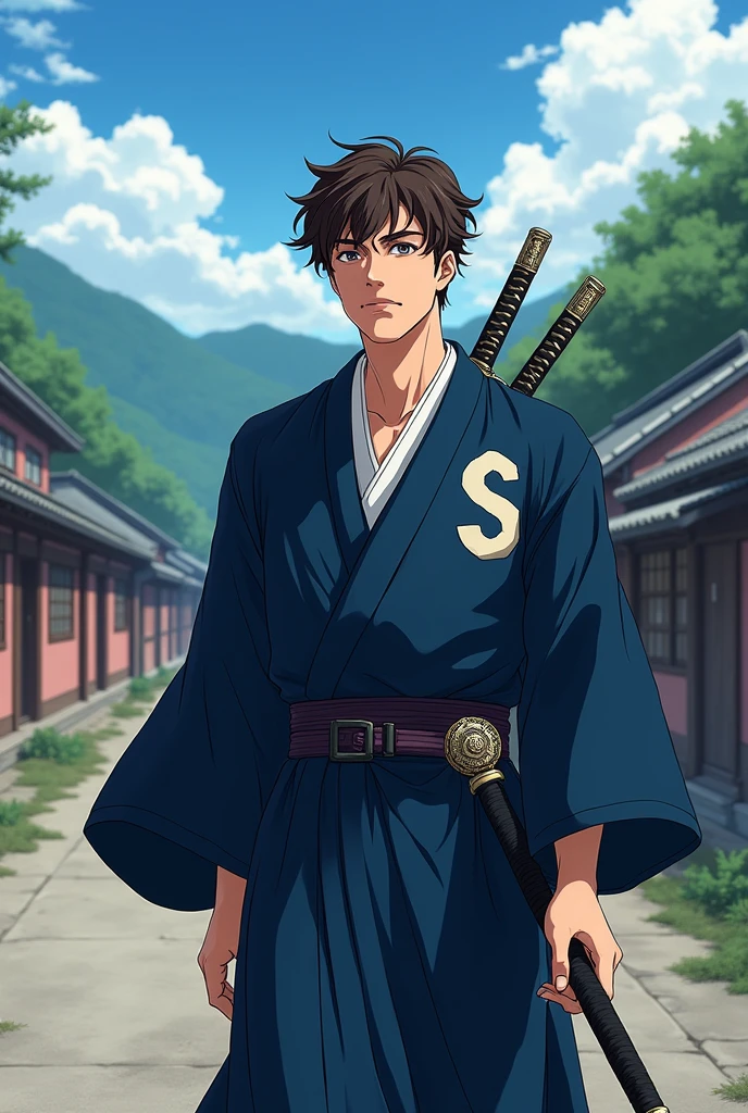 A young adult European man, around 2, short curly brown hair no beard on a road in japan feldal, wearing a navy blue kimono with a shield symbol on the left side of the chest of the garment with a "S" offwhite, carrying Samurai swords, with a brave expression, but nice.
all in anime style.