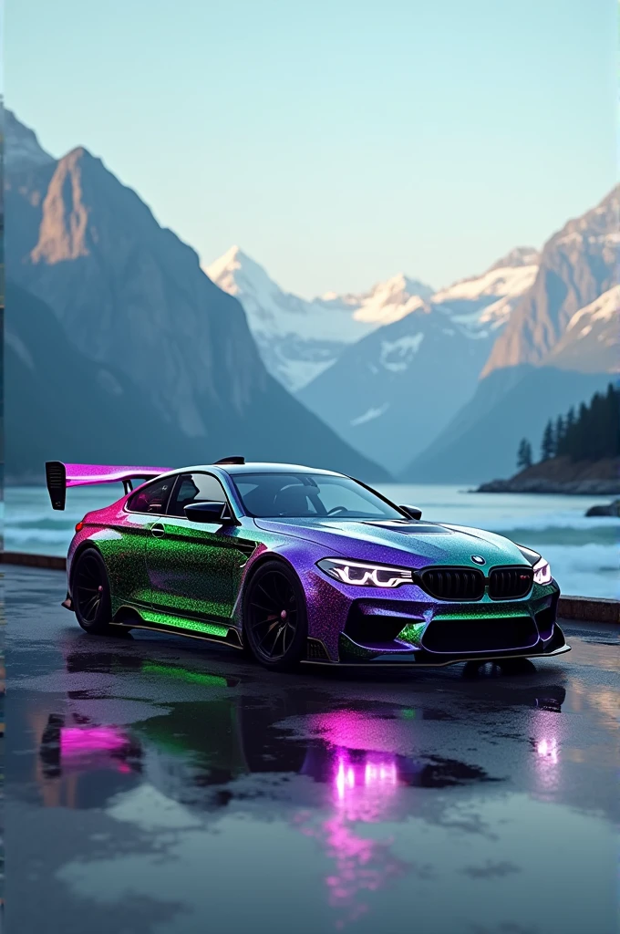תמונה של מכונית BMW M5 עם כנף המכונית בצבע שחור ירוק וסגול  
ברקע ים והרים לשומר מסך 