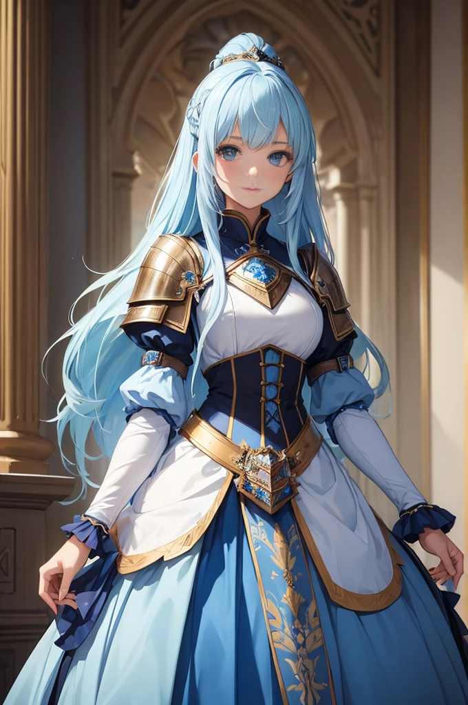 ((Highest quality)), ((masterpiece)), (detailed), One Girl, Light blue hair,Long Hair,Wearing a knight's uniform。A pure white coat that reaches down to the feet is draped over her shoulders.,Azur Lane,NOD,Blue Archive,King Slide,