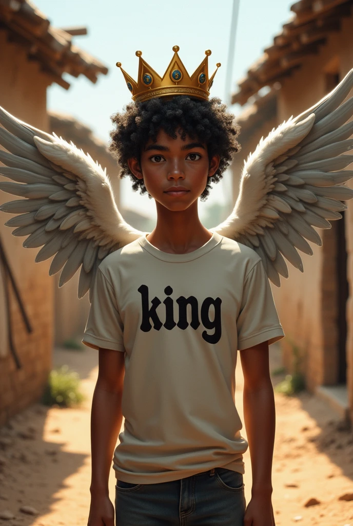 Create an image of a young man with curly hair and darker brown skin, with simpler clothes like a t-shirt that says “King” and a shot , with a crown on his head, and a village environment with dirt floors, and with wings on the back, with a closed face and a brave face