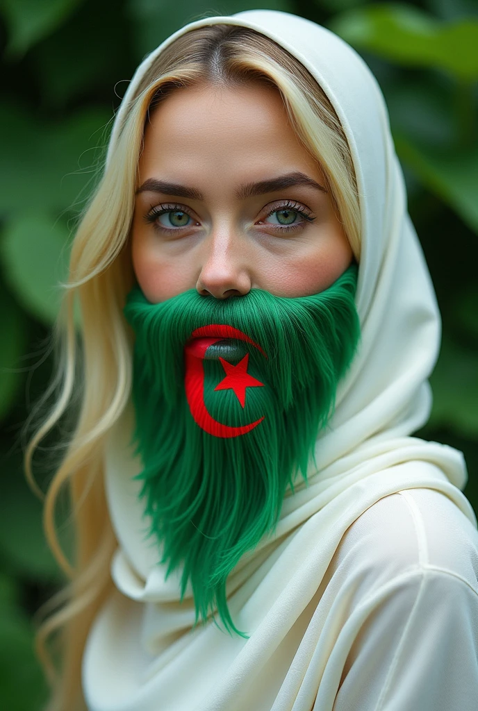 Woman, blonde, wearing white Algerian flag hijab, green, white and red beard, green nature background. Half pictures