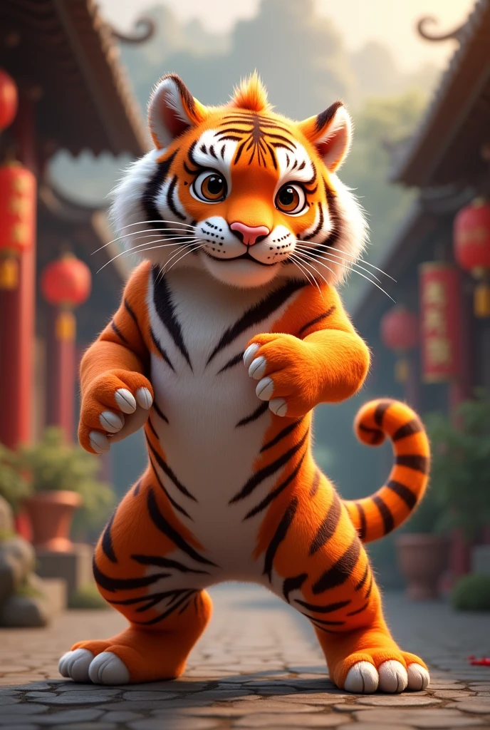 A crimson tiger who knows Chinese kung fu,Combat stance,Chinese style,cute style,Realistic and cute,