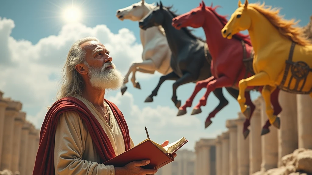 A beautiful and captivating cinematic scene set in 2000 BC, featuring an elderly Hebrew named John, an apostle of Jesus Christ. He is dressed in a tunic from the time of the Roman Empire, with long white hair and a well-groomed white beard. John, 75, looks up at the sky in an open celestial vision. He has a red leather book in his hands, taking notes and writing with a quill pen. Above him, in the heavens, four male demonic beings are knights of apocalyptic colors - white, black, red and yellow - appear with their mortal faces, mounted on huge and powerful horses. The architecture in the background evokes a sense of ancient history and grandeur. This scene combines cinematic, architectural, and portrait photography elements to create a striking and memorable image., portrait photography, architecture, cinematic, photographic