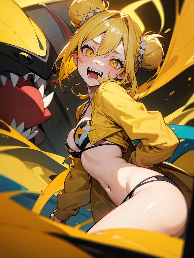 (masterpiece, Best Quality), 1 girl,  HimikoU1, double bun, side locks, slit pupils, sharp teeth, bikini, serafín, cardigan, yellow eyes, yellow hair