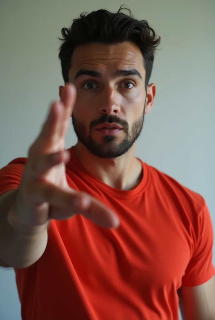 Attractive surprised male makes shush gesture, demnads shut up, wears casual bright red t-shirt, poses against white wall. People, hush, conspiracy, secret concept