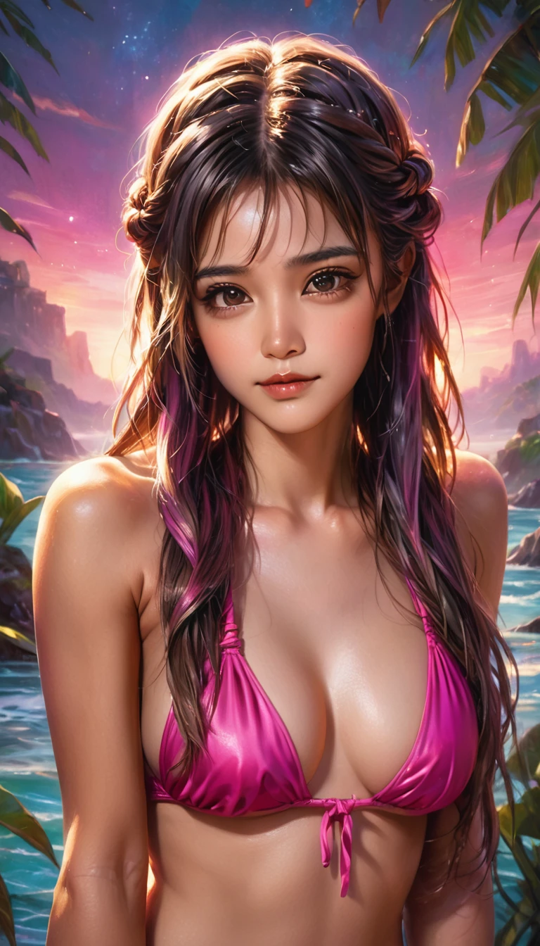 An oil-resin painting, gently glowing, depicting a character with light brown skin and long, braided hair wearing a dark pink bikini. The style is fantasy, with vibrant and warm colors highlighting the scene. The background should be rich in details, complementing the vibrant aesthetic of the character and creating a magical and enchanting environment. The lighting should enhance the soft glow of the resin oil, adding a touch of elegance and depth to the artwork.