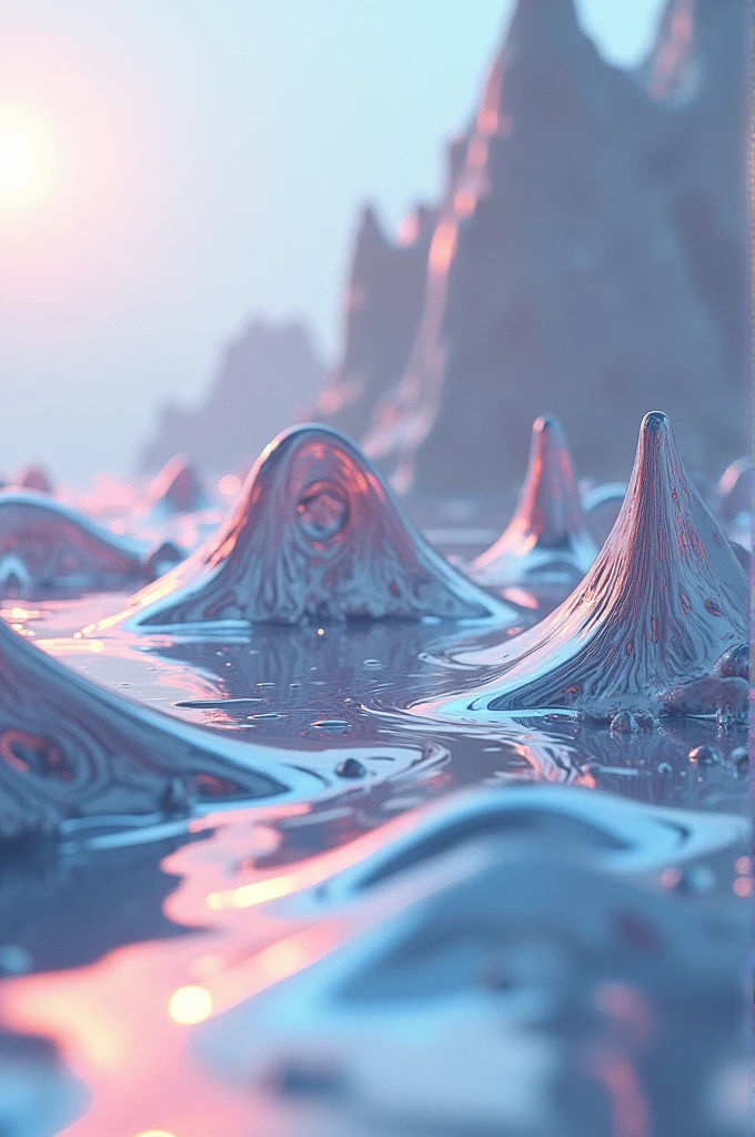 Electronic music cover in the center a fluid and expanding abstract formation of liquid metal with reflection of soft colors