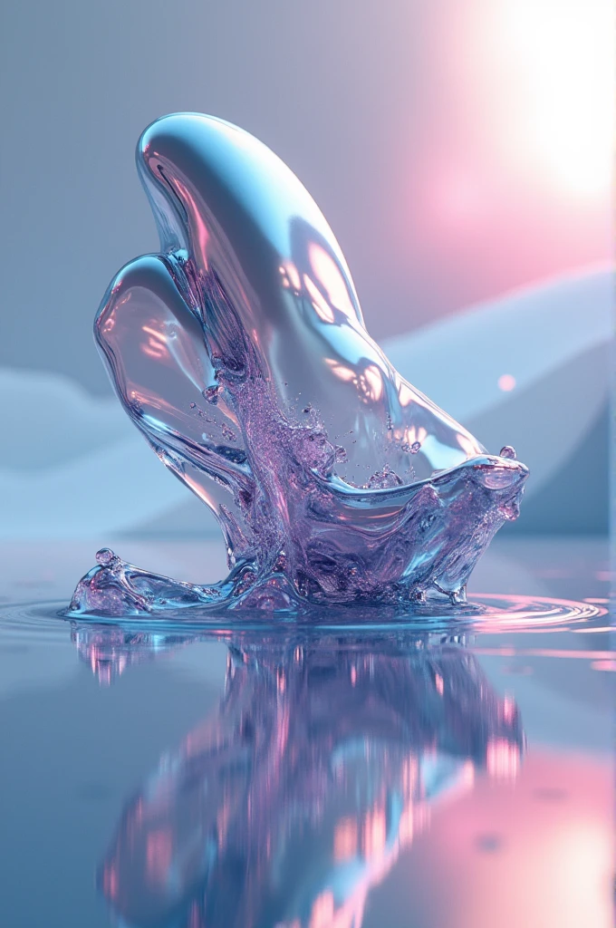 Electronic music cover in the center a fluid and expanding abstract formation of liquid metal with reflection of soft colors