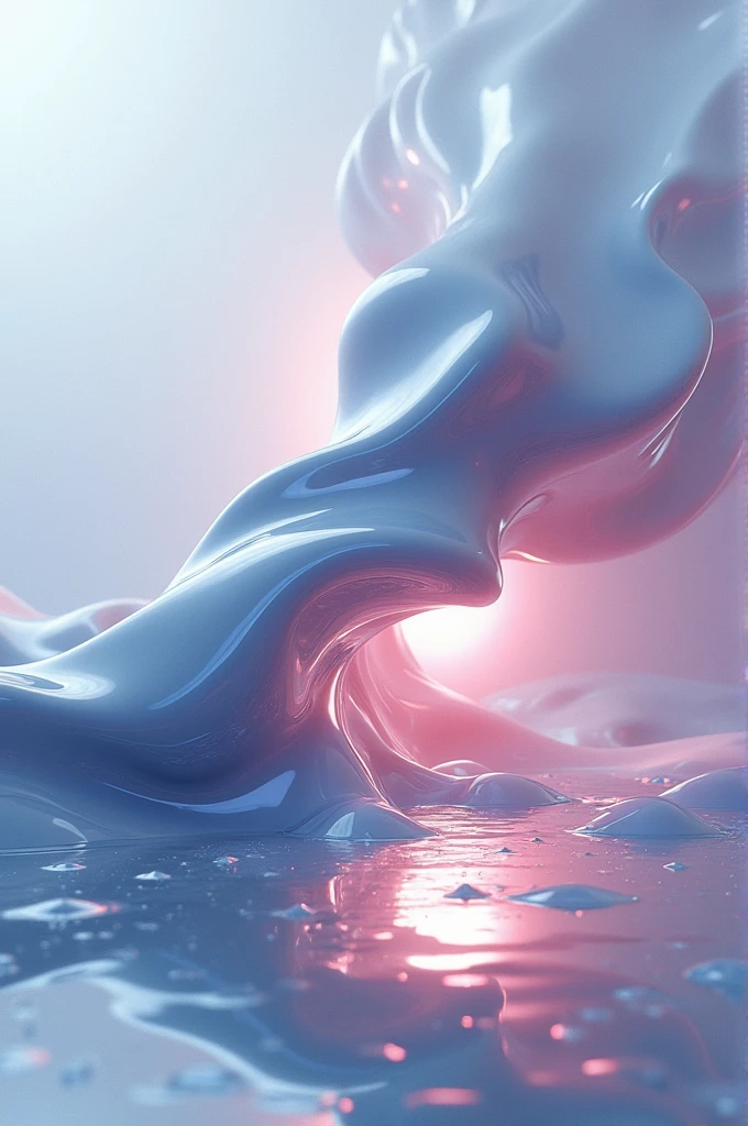 Electronic music cover in the center a fluid and expanding abstract formation of liquid metal with reflection of soft colors