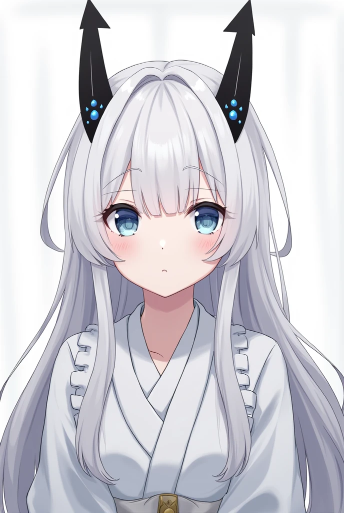 A Japanese anime style girl with long white hair，M-shaped bangs，She has a pair of blue eyes，There are only two black head ornaments on the top of her head that resemble upward arrows.，In the middle of each upward arrow there is a blue round bead dotted in the middle of the arrow，There is nothing on her head except two upward arrows.