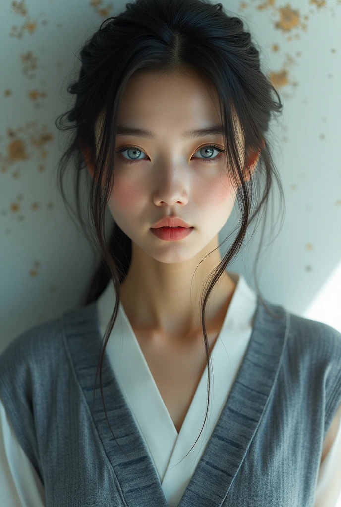 Editorial photography,Super detailed background,super realistic,double exposure,depth of field,beauty super slim,soft focus tone,acrylic paint,Wabi-sabi,very long straight brunette hair tied back, portrait facing the camera close up, grey blue eyes, Asian from Kyoto, passport photo