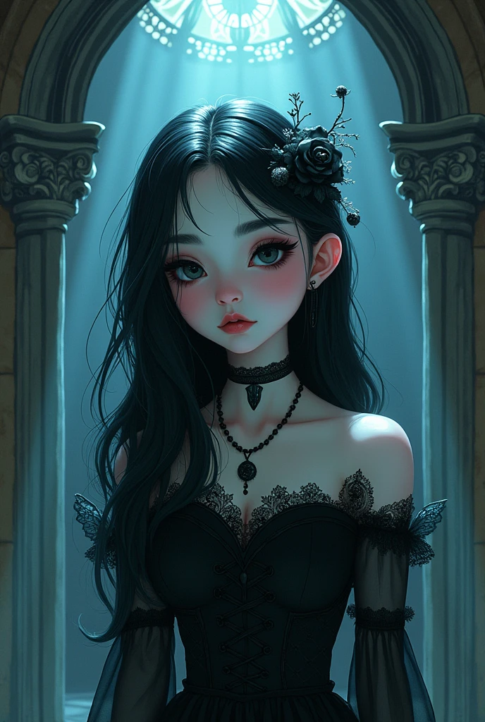 Cartoon gothic girl in a divine mood