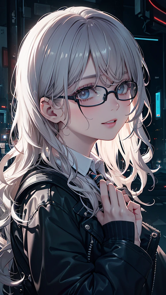 (masterpiece, side lighting, beautifully detailed beautiful eyes: 1.2), 3d face, realistic, perfect face, masterpiece, highest quality, approaching perfection, (perfect face: 1.1), (high detail: 1.1), dramatic, (girl), pale skin, (luminescent neon long wavy hair: 1.4), white eyes, solo, white shirt, red striped tie, sleeveless jacket, gothic makeup, round transparent glasses, wide smile, adjusts glasses with hands, cyberpunk atmosphere, atmospheric artwork, Luminous Studio graphics engine, plump lips, volumetric lighting, detailed eyes, (masterpiece wallpaper 8k), hyperdetailed, intricately detailed, overwhelmingly pixel accuracy, fashion, from the side, looking at viewer