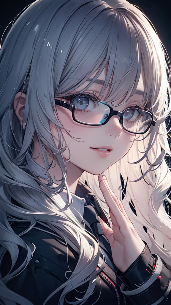 (masterpiece, side lighting, beautifully detailed beautiful eyes: 1.2), 3d face, realistic, perfect face, masterpiece, highest quality, approaching perfection, (perfect face: 1.1), (high detail: 1.1), dramatic, (girl), pale skin, (luminescent neon long wavy hair: 1.4), white eyes, solo, white shirt, red striped tie, sleeveless jacket, gothic makeup, round transparent glasses, wide smile, adjusts glasses with hands, cyberpunk atmosphere, atmospheric artwork, Luminous Studio graphics engine, plump lips, volumetric lighting, detailed eyes, (masterpiece wallpaper 8k), hyperdetailed, intricately detailed, overwhelmingly pixel accuracy, fashion, from the side, looking at viewer