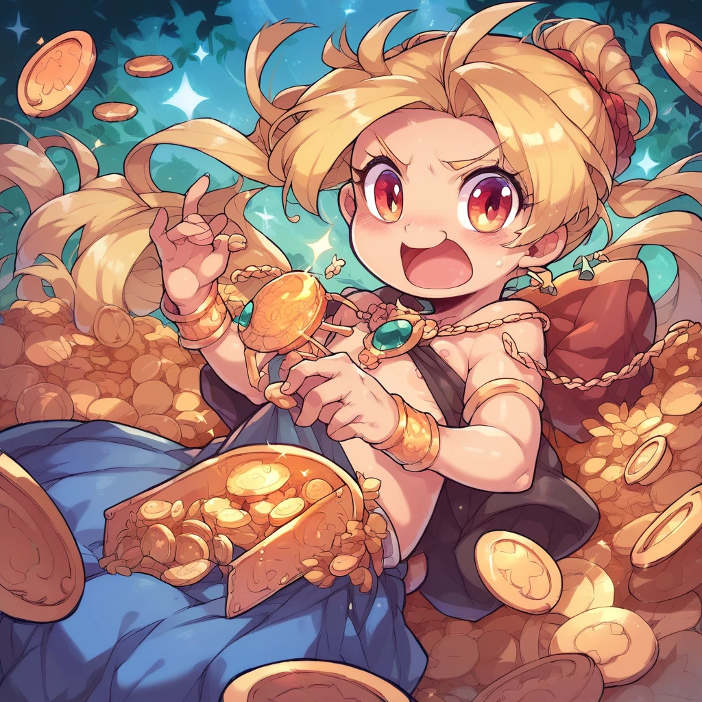 A  with long yellow hair with LOTS of gold,gold coins around it